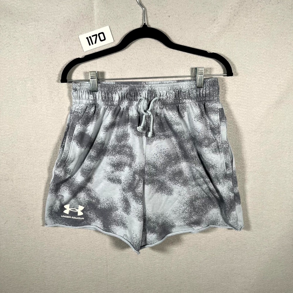 Under Armour Shorts Women Medium Gray White Abstract 4 Way Stretch Logo Athletic